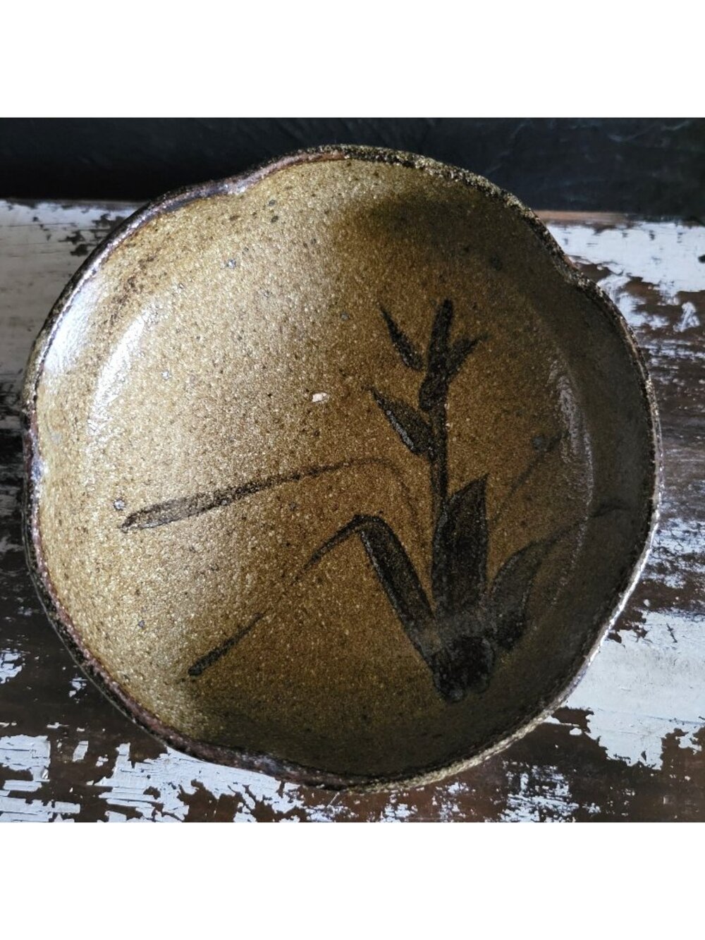Vtg Japanese Studio Pottery Stoneware Bowl Bamboo Motif Rustic Glaze Artist Seal